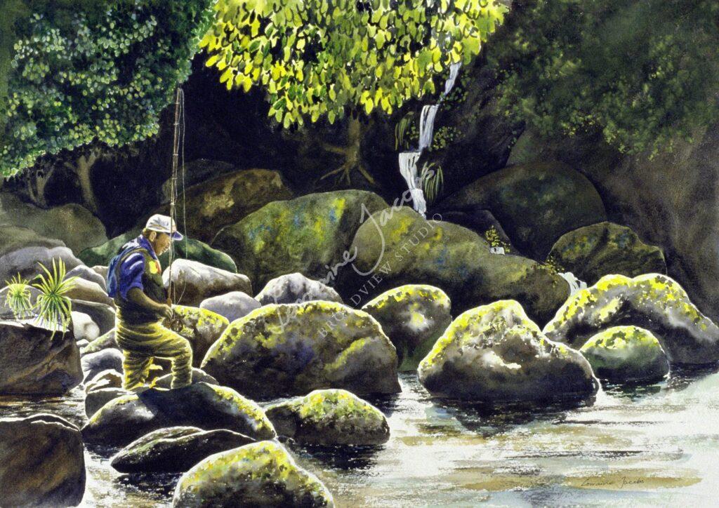Fisherman on rocky shore &ndash; Lorraine Jacobs