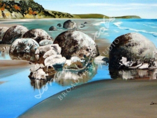 Moeraki Boulders I (oil on board) &ndash; Lorraine Jacobs