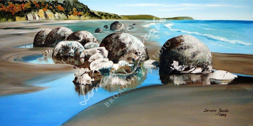 Moeraki Boulders I (oil on board) &ndash; Lorraine Jacobs