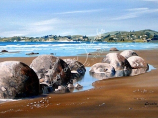 Moeraki Boulders II (oil on board) &ndash; Lorraine Jacobs