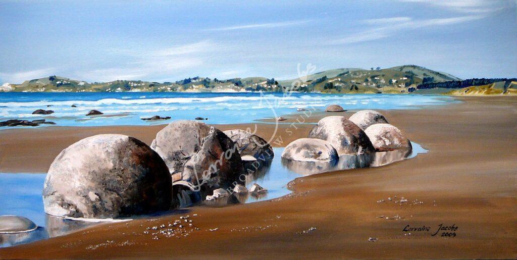 Moeraki Boulders II (oil on board) &ndash; Lorraine Jacobs