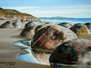 Moeraki Boulders III (oil on canvas board) &ndash; Lorraine Jacobs