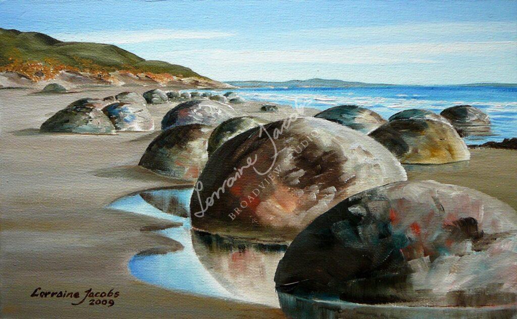 Moeraki Boulders III (oil on canvas board) &ndash; Lorraine Jacobs