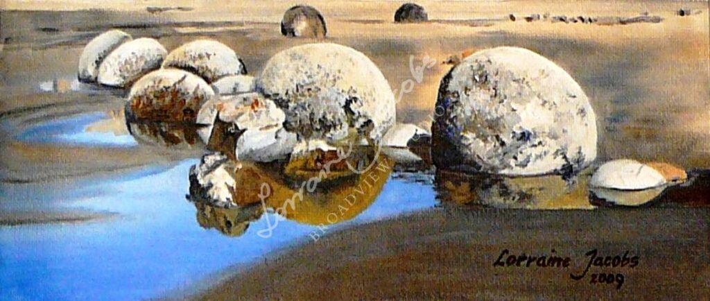 Moeraki Boulders VI (oil on canvas) &ndash; Lorraine Jacobs